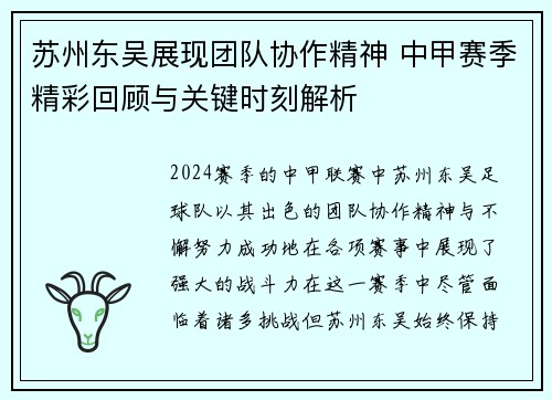苏州东吴展现团队协作精神 中甲赛季精彩回顾与关键时刻解析