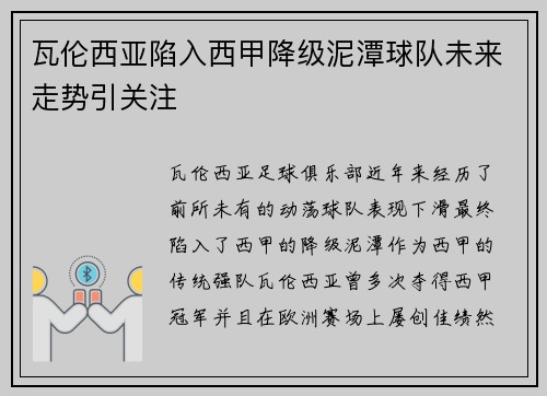 瓦伦西亚陷入西甲降级泥潭球队未来走势引关注 瓦伦西亚陷入西甲降级泥潭球队未来走势引关注